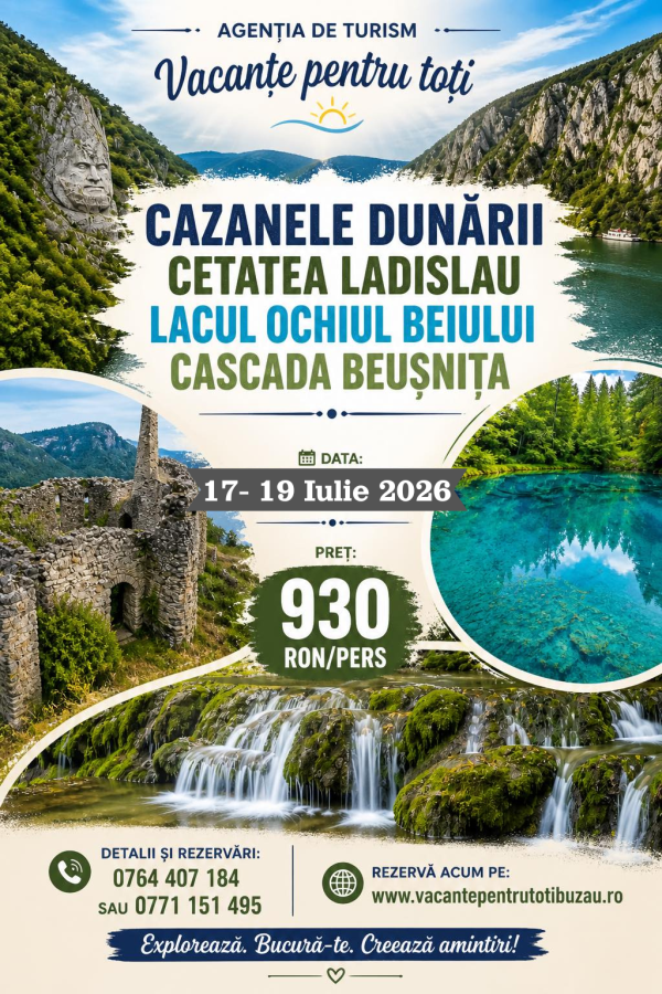 CAZANELE DUNĂRII – CETATEA LADISLAU – LACUL OCHIUL BEIULUI – CASCADA BEUȘNIȚA  17-19 Iulie
